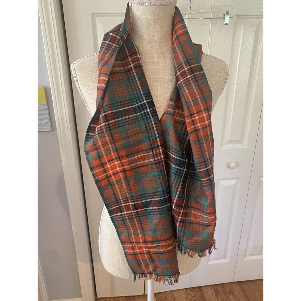 Ingles Buchan Scarf Unisex Plaid Green Orange Black 100% Pure New Wool Scotland